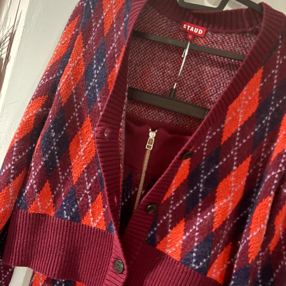 Staud Women's Burgundy & Orange Argyle Wool Blend Cardigan and pants size XS